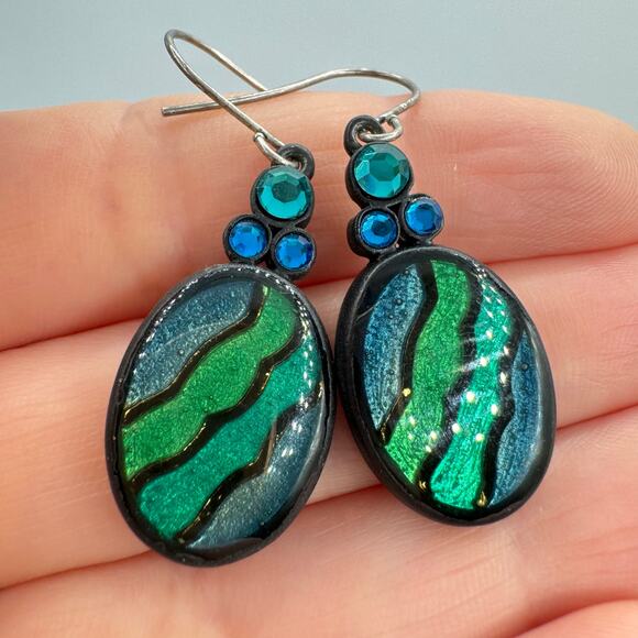 Chico’s Blue Green Metallic Enamel Stripe Rhinestone Earrings Mermaidcore Siren - Picture 3 of 11